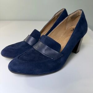 Sofft Parkdale Navy Blue Suede Heeled Loafers Block Heel Pumps Penny Strap 8.5M